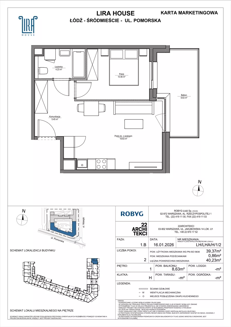 2 pokoje, mieszkanie 39,37 m², piętro 1, oferta nr LH/LHA/H/1/2, Lira House, Łódź, Śródmieście, ul. Pomorska