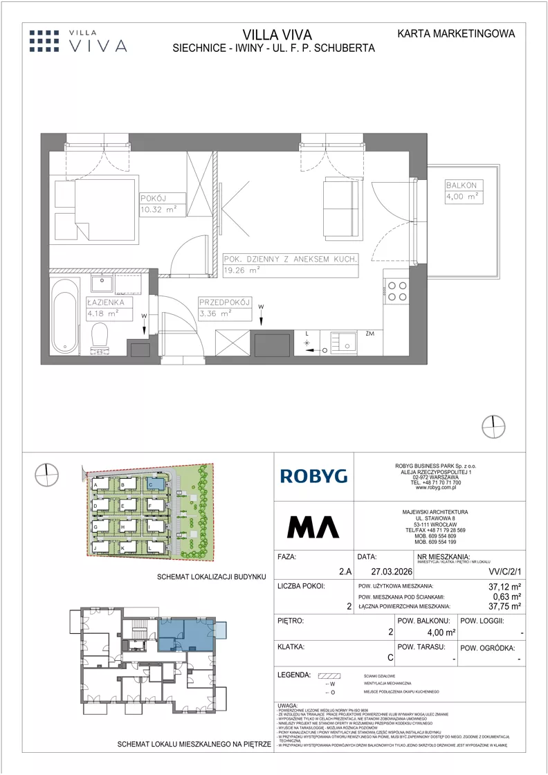 2 pokoje, mieszkanie 37,12 m², piętro 2, oferta nr VV/C/2/1, Villa Viva, Wrocław, Jagodno, Fabryczna, ul. Schuberta