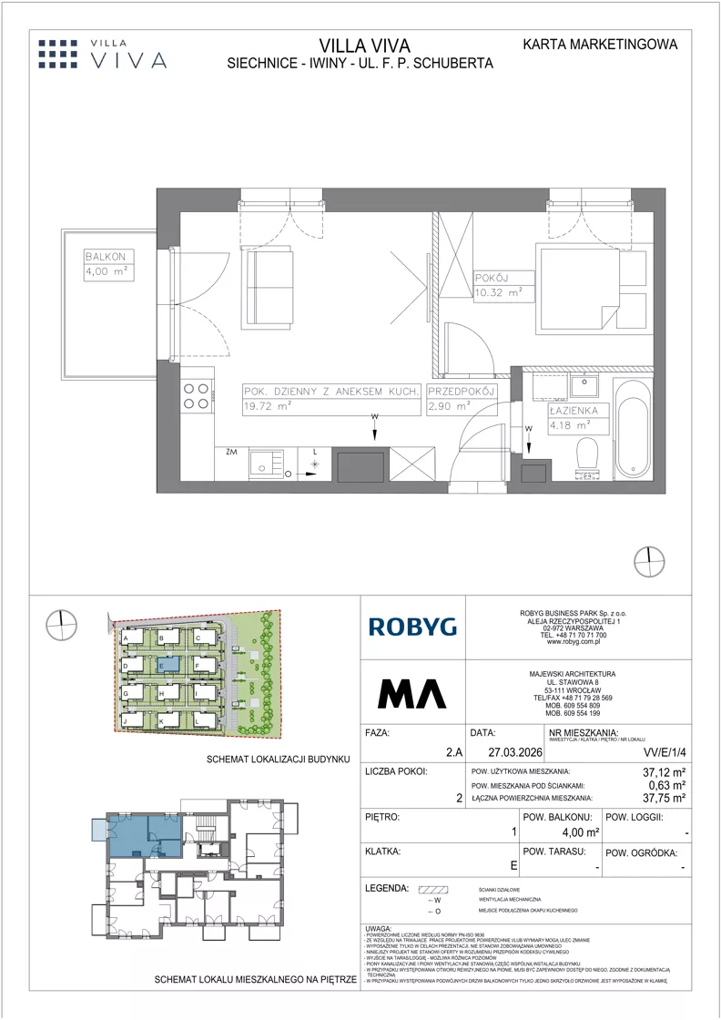 2 pokoje, mieszkanie 37,12 m², piętro 1, oferta nr VV/E/1/4, Villa Viva, Wrocław, Jagodno, Fabryczna, ul. Schuberta