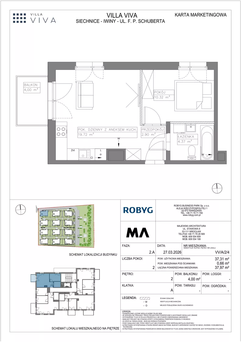 2 pokoje, mieszkanie 37,31 m², piętro 2, oferta nr VV/A/2/4, Villa Viva, Wrocław, Jagodno, Fabryczna, ul. Schuberta