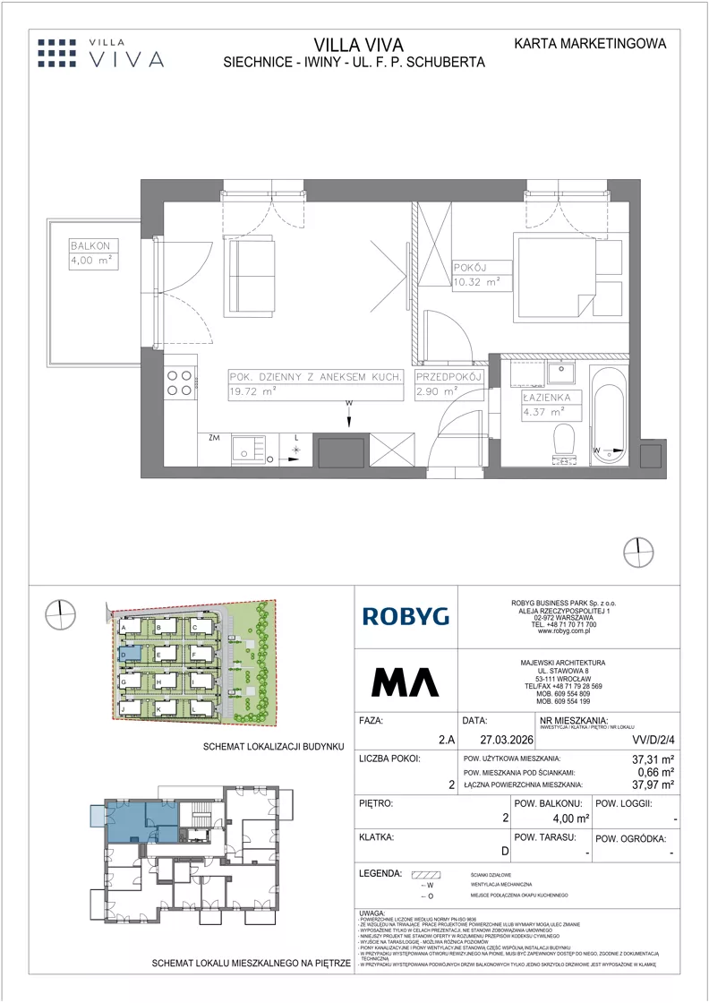 2 pokoje, mieszkanie 37,31 m², piętro 2, oferta nr VV/D/2/4, Villa Viva, Wrocław, Jagodno, Fabryczna, ul. Schuberta