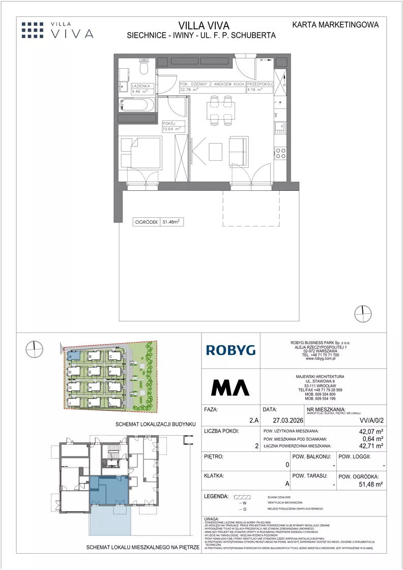 2 pokoje, mieszkanie 42,07 m², parter, oferta nr VV/A/0/2, Villa Viva, Wrocław, Jagodno, Fabryczna, ul. Schuberta