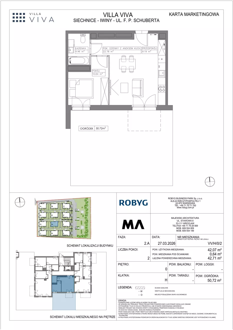 2 pokoje, mieszkanie 42,07 m², parter, oferta nr VV/H/0/2, Villa Viva, Wrocław, Jagodno, Fabryczna, ul. Schuberta