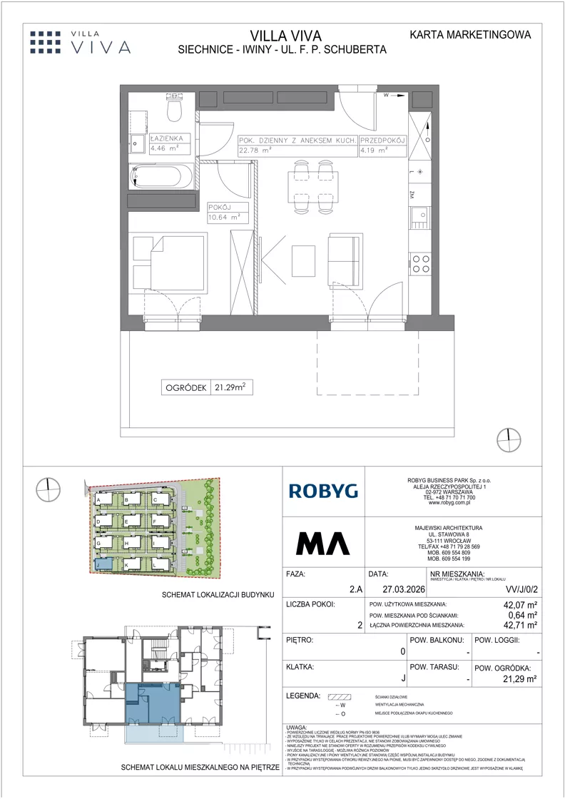 2 pokoje, mieszkanie 42,07 m², parter, oferta nr VV/J/0/2, Villa Viva, Wrocław, Jagodno, Fabryczna, ul. Schuberta