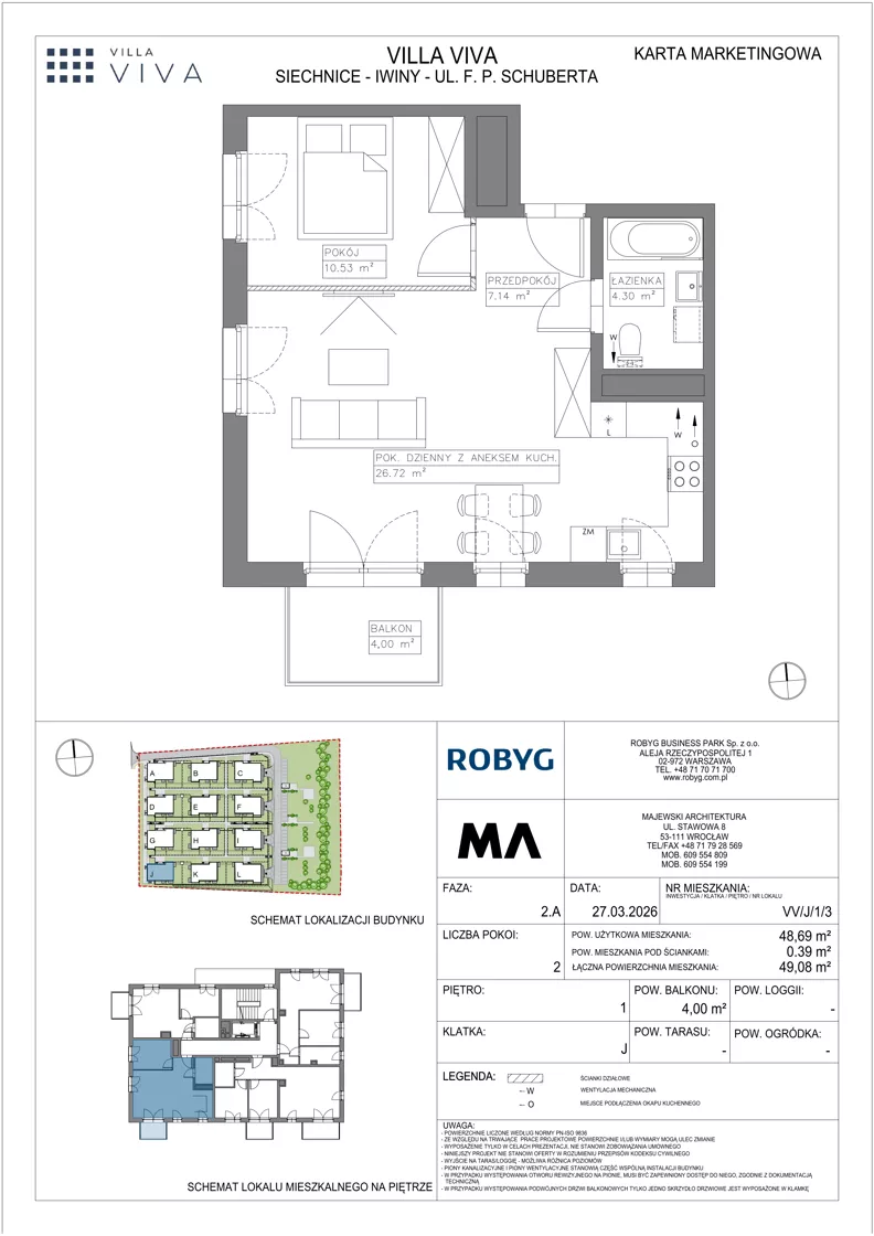 2 pokoje, mieszkanie 48,69 m², piętro 1, oferta nr VV/J/1/3, Villa Viva, Wrocław, Jagodno, Fabryczna, ul. Schuberta