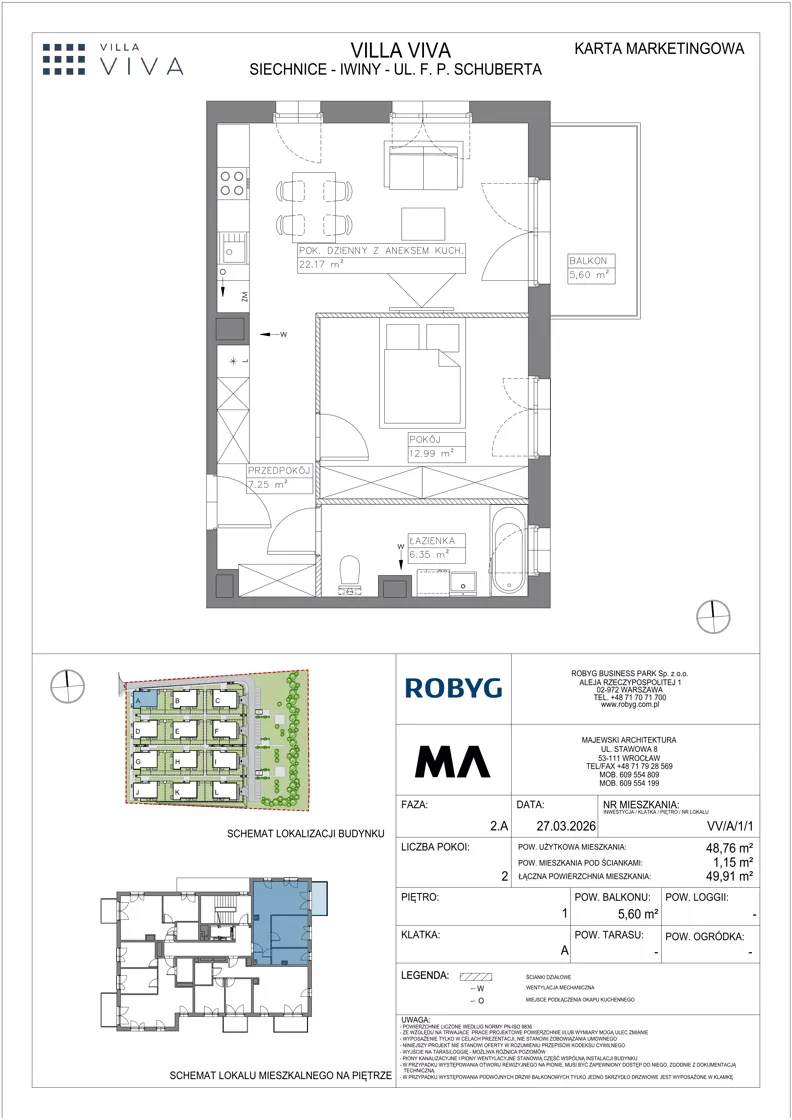 2 pokoje, mieszkanie 48,76 m², piętro 1, oferta nr VV/A/1/1, Villa Viva, Wrocław, Jagodno, Fabryczna, ul. Schuberta