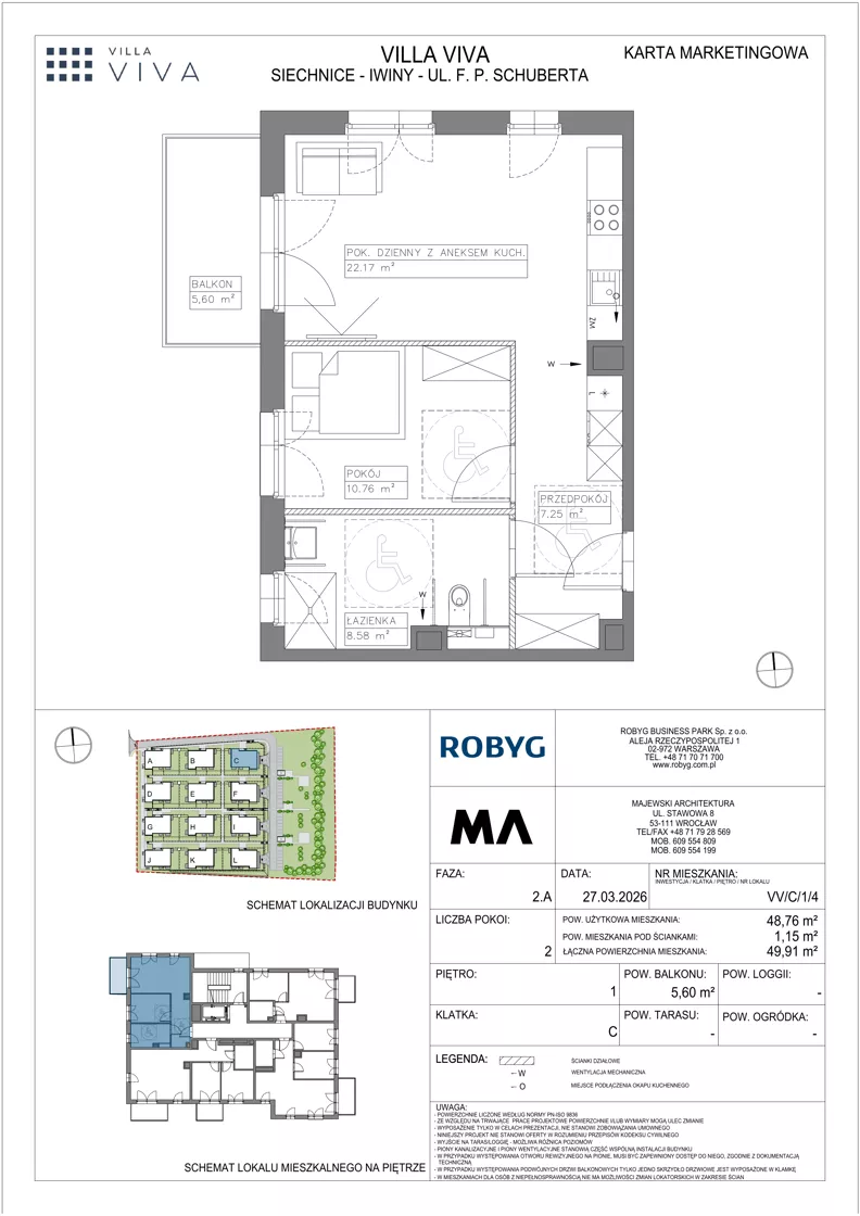 2 pokoje, mieszkanie 48,76 m², piętro 1, oferta nr VV/C/1/4, Villa Viva, Wrocław, Jagodno, Fabryczna, ul. Schuberta