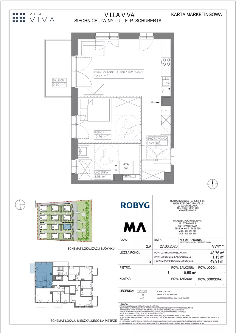 2 pokoje, mieszkanie 48,76 m², piętro 1, oferta nr VV/I/1/4, Villa Viva, Wrocław, Jagodno, Fabryczna, ul. Schuberta