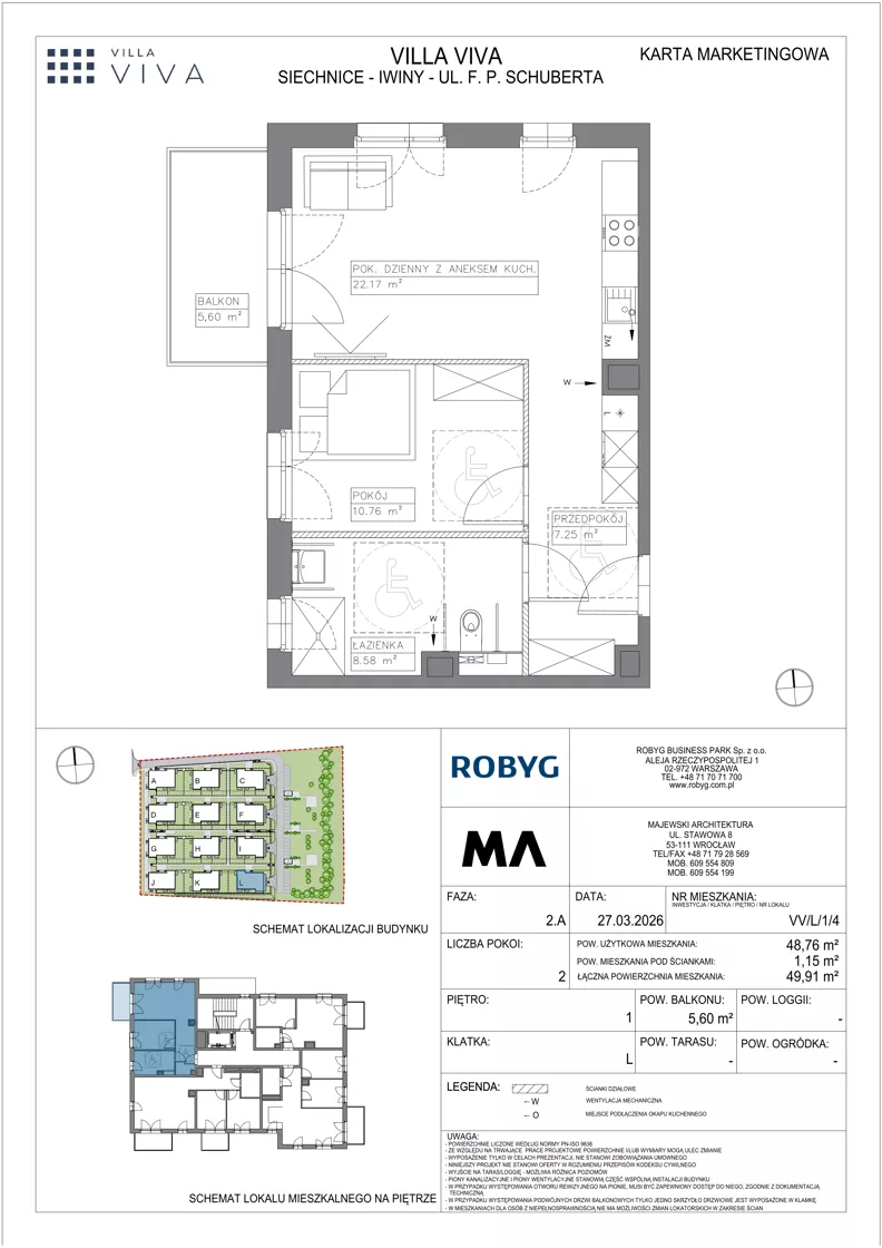 2 pokoje, mieszkanie 48,76 m², piętro 1, oferta nr VV/L/1/4, Villa Viva, Wrocław, Jagodno, Fabryczna, ul. Schuberta
