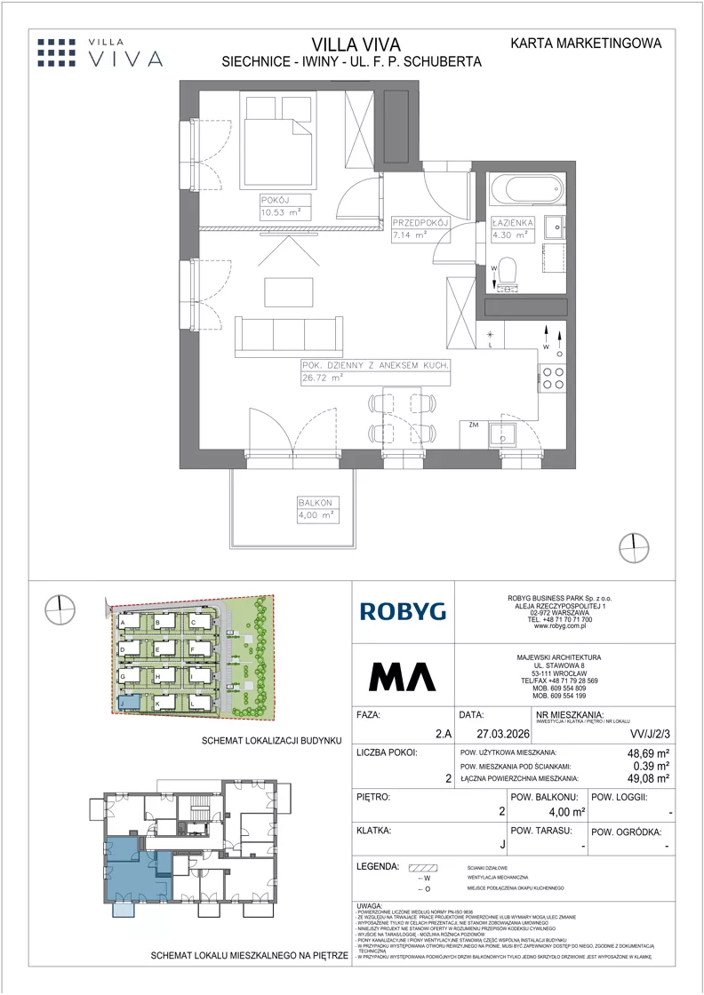 2 pokoje, mieszkanie 48,69 m², piętro 2, oferta nr VV/J/2/3, Villa Viva, Wrocław, Jagodno, Fabryczna, ul. Schuberta