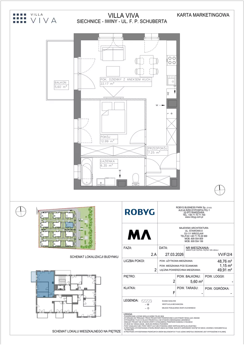 2 pokoje, mieszkanie 48,76 m², piętro 2, oferta nr VV/F/2/4, Villa Viva, Wrocław, Jagodno, Fabryczna, ul. Schuberta