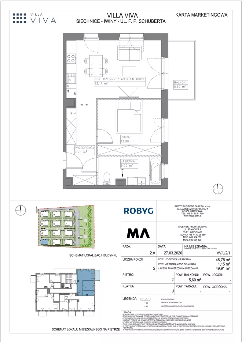 2 pokoje, mieszkanie 48,76 m², piętro 2, oferta nr VV/J/2/1, Villa Viva, Wrocław, Jagodno, Fabryczna, ul. Schuberta