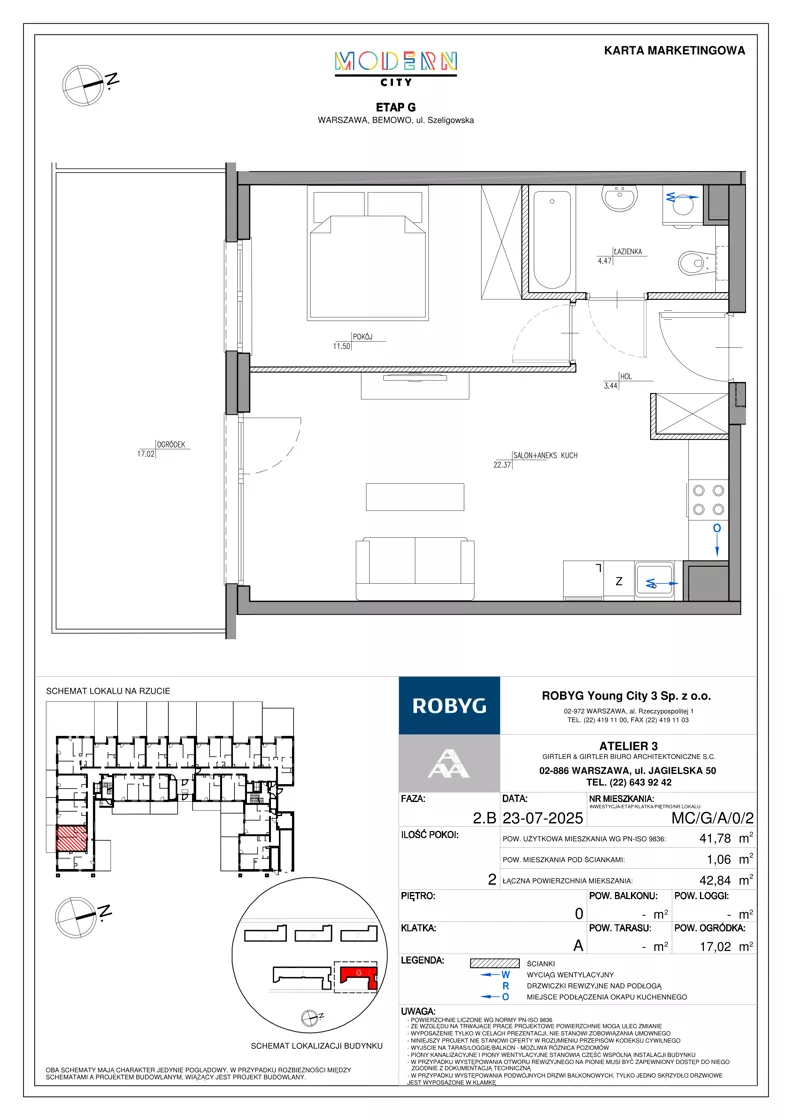 2 pokoje, mieszkanie 41,78 m², parter, oferta nr MC/G/A/0/2, Modern City etap G, Warszawa, Bemowo, Chrzanów, ul. Szeligowska