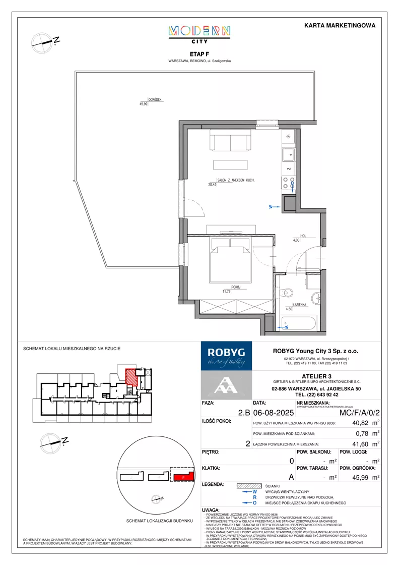 2 pokoje, mieszkanie 40,82 m², parter, oferta nr MC/F/A/0/2, Modern City etap F, Warszawa, Bemowo, Chrzanów, ul. Szeligowska