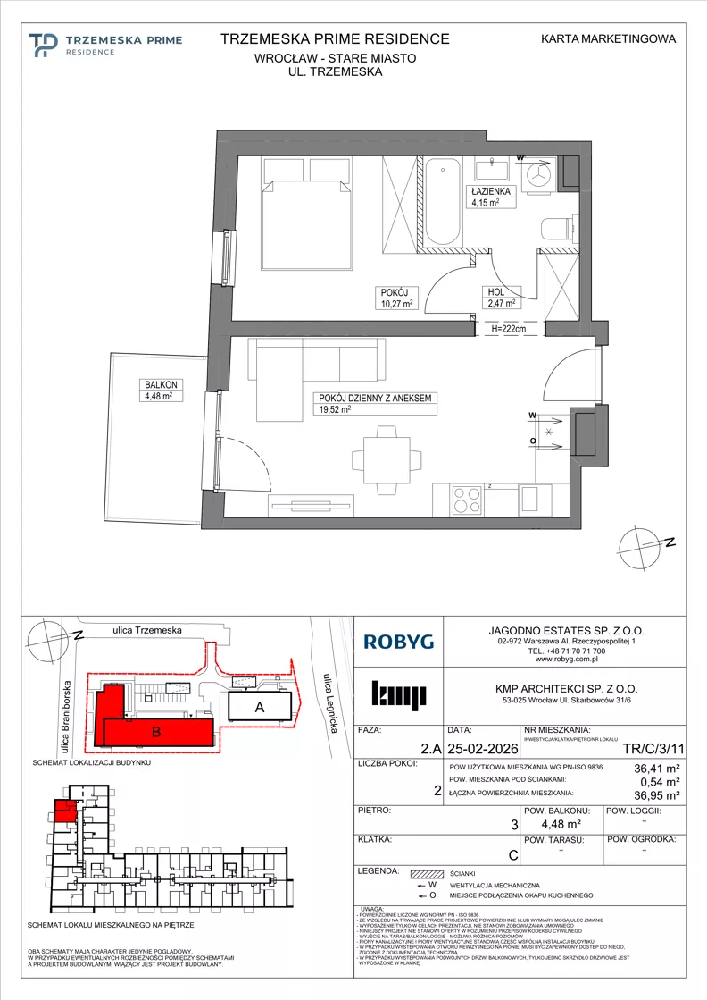 2 pokoje, mieszkanie 36,41 m², piętro 3, oferta nr TR/C/3/11, Trzemeska Prime Residence, Wrocław, Stare Miasto, ul. Trzemeska