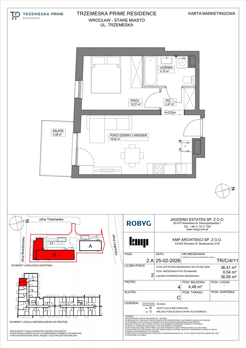 2 pokoje, mieszkanie 36,41 m², piętro 4, oferta nr TR/C/4/11, Trzemeska Prime Residence, Wrocław, Stare Miasto, ul. Trzemeska