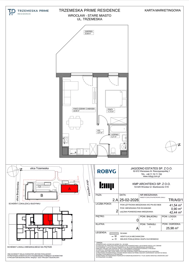 2 pokoje, mieszkanie 41,54 m², parter, oferta nr TR/A/0/1, Trzemeska Prime Residence, Wrocław, Stare Miasto, ul. Trzemeska