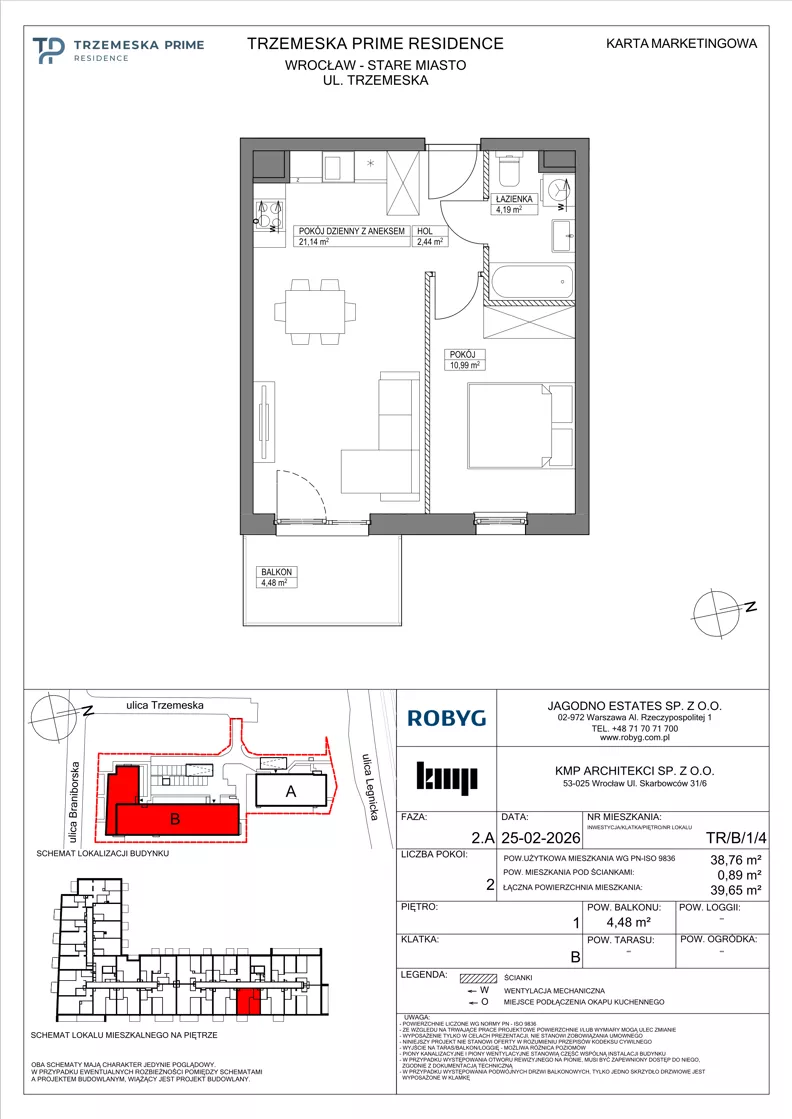 2 pokoje, mieszkanie 38,76 m², piętro 1, oferta nr TR/B/1/4, Trzemeska Prime Residence, Wrocław, Stare Miasto, ul. Trzemeska