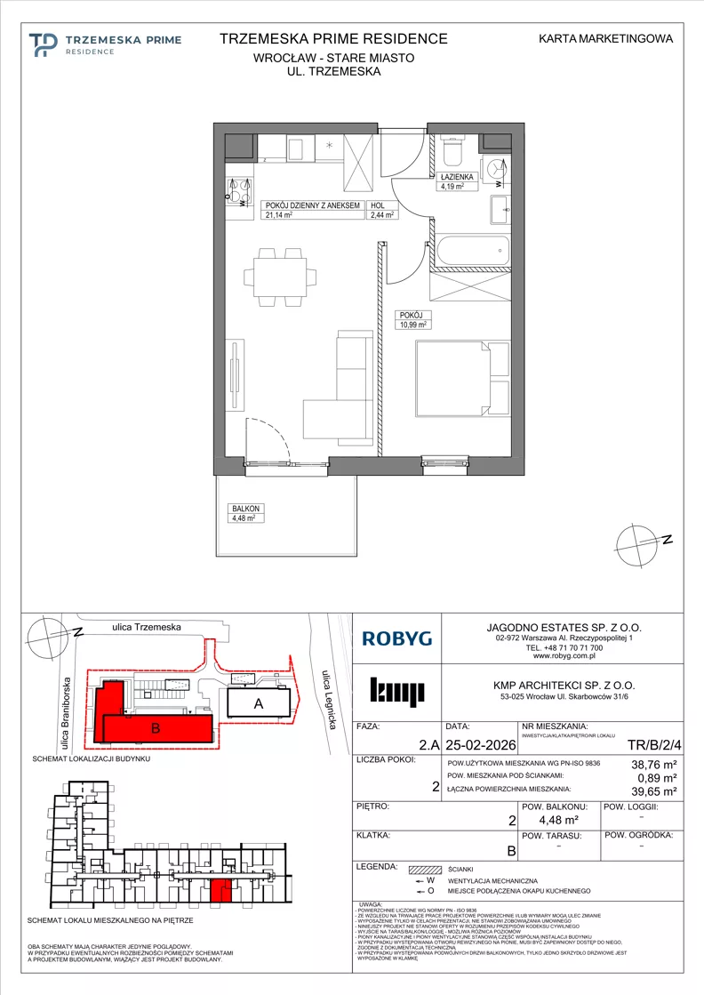 2 pokoje, mieszkanie 38,76 m², piętro 2, oferta nr TR/B/2/4, Trzemeska Prime Residence, Wrocław, Stare Miasto, ul. Trzemeska