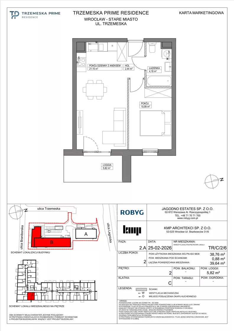 2 pokoje, mieszkanie 38,76 m², piętro 2, oferta nr TR/C/2/6, Trzemeska Prime Residence, Wrocław, Stare Miasto, ul. Trzemeska