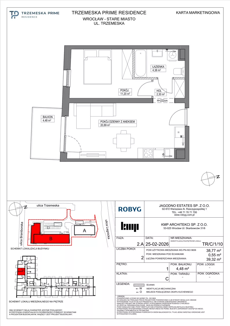 2 pokoje, mieszkanie 38,77 m², piętro 1, oferta nr TR/C/1/10, Trzemeska Prime Residence, Wrocław, Stare Miasto, ul. Trzemeska