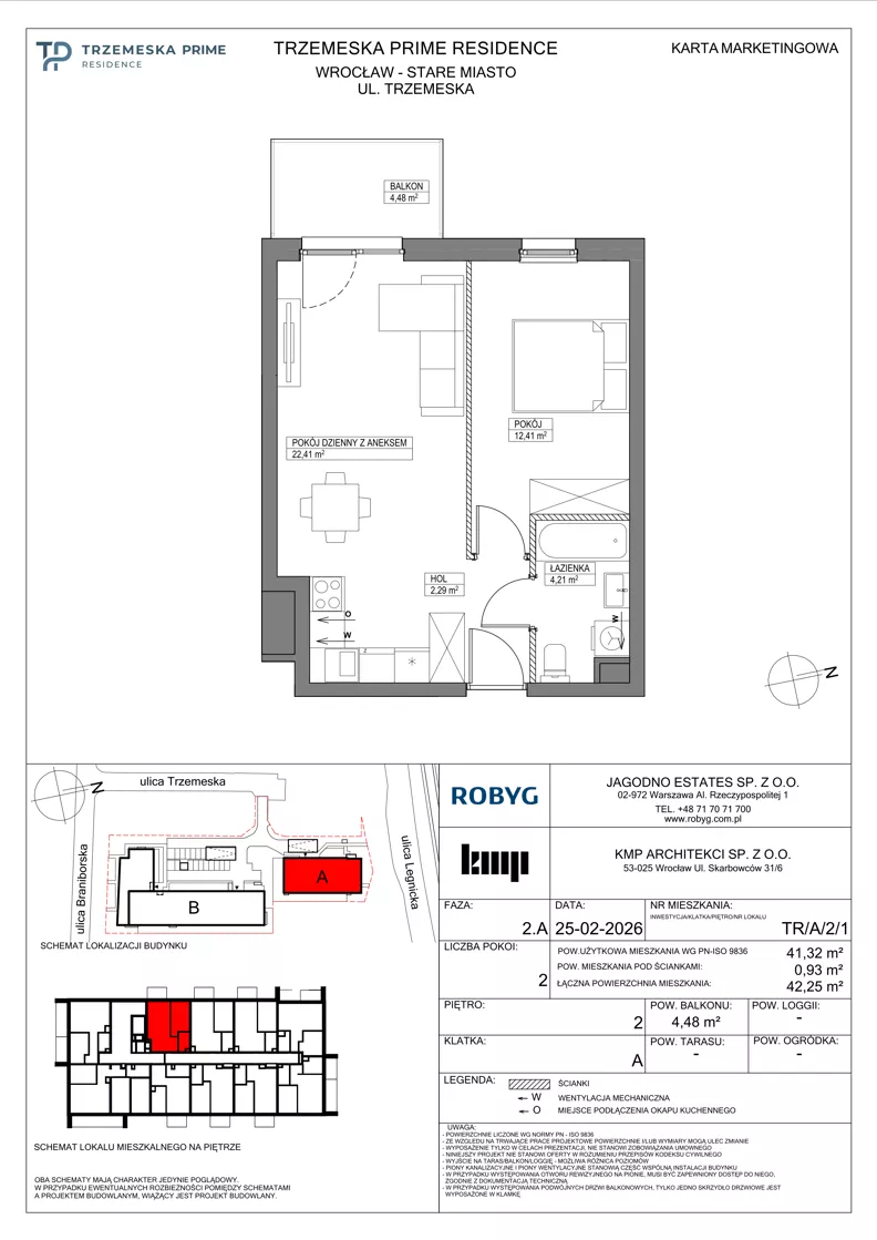 2 pokoje, mieszkanie 41,32 m², piętro 2, oferta nr TR/A/2/1, Trzemeska Prime Residence, Wrocław, Stare Miasto, ul. Trzemeska