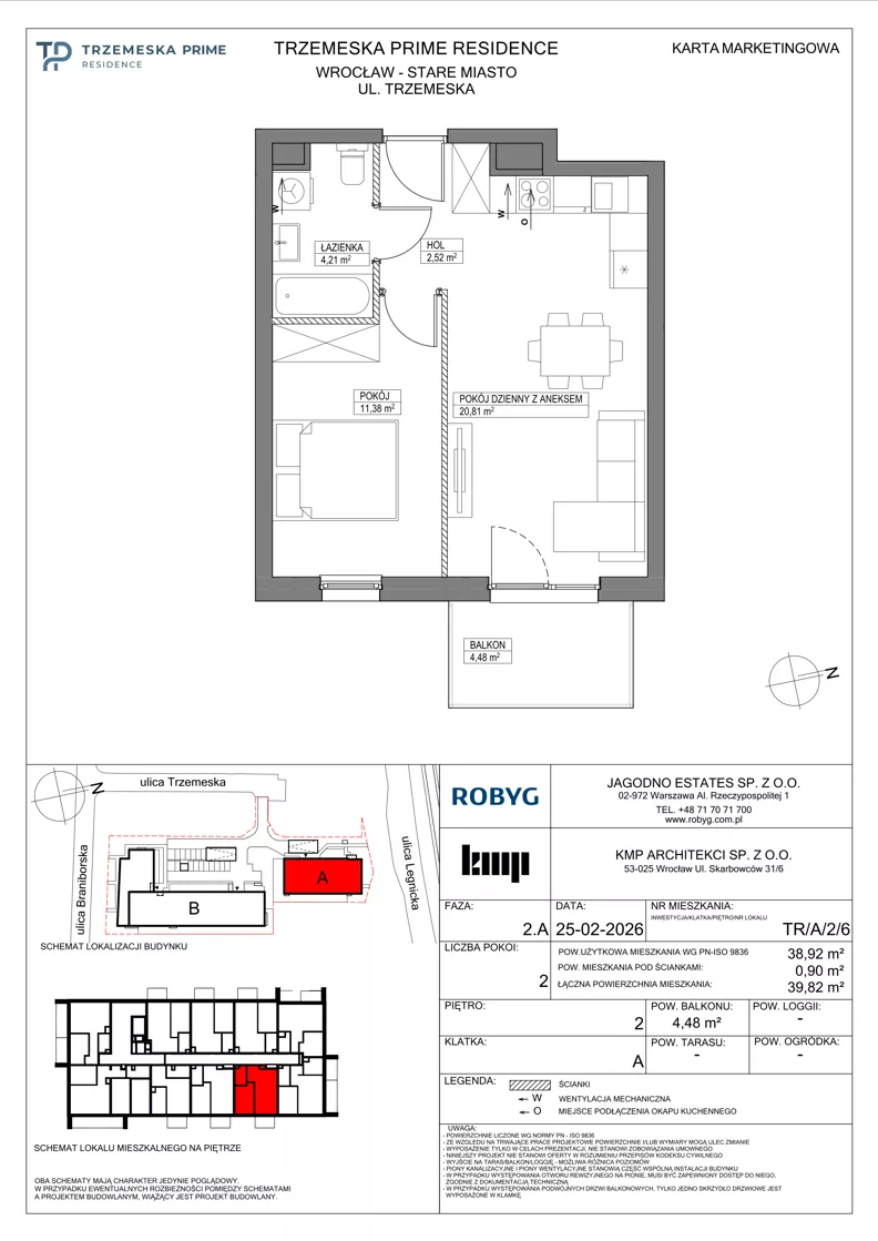 2 pokoje, mieszkanie 38,92 m², piętro 2, oferta nr TR/A/2/6, Trzemeska Prime Residence, Wrocław, Stare Miasto, ul. Trzemeska