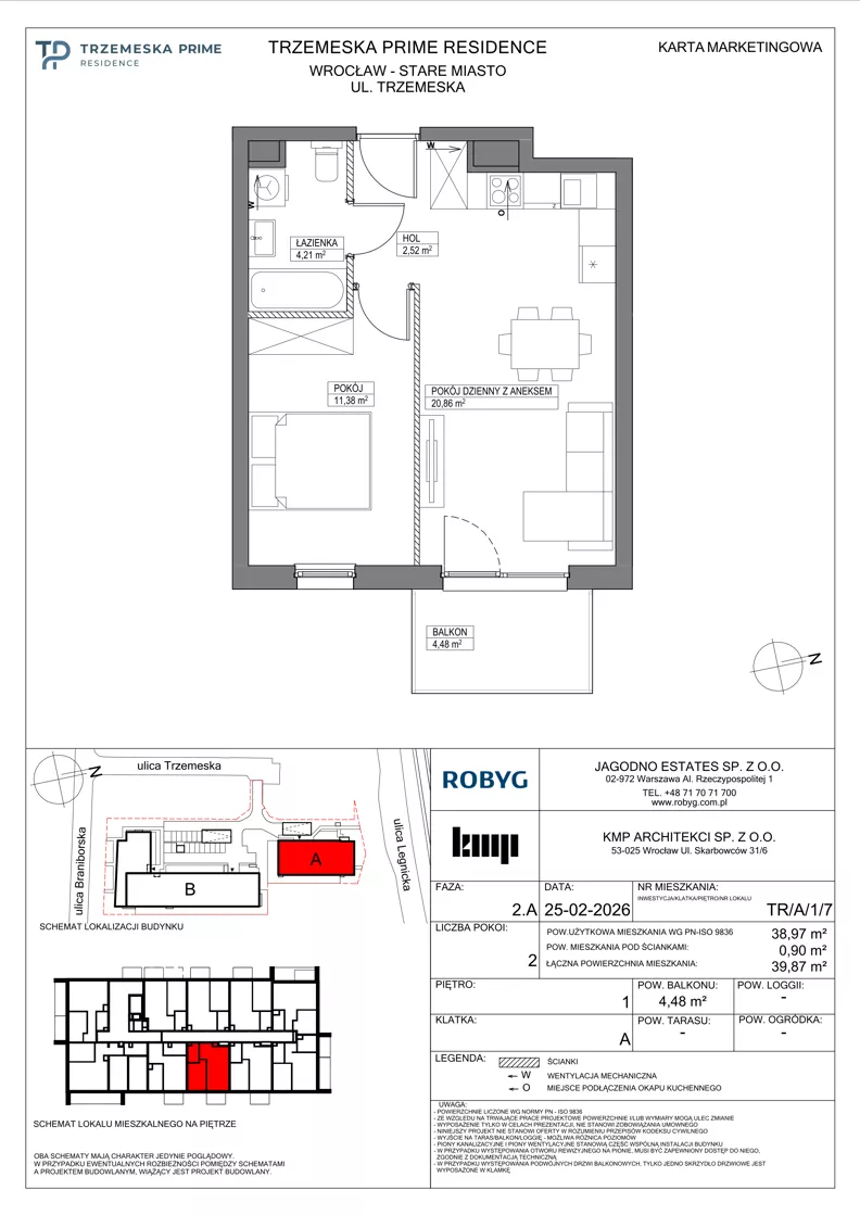 2 pokoje, mieszkanie 38,97 m², piętro 1, oferta nr TR/A/1/7, Trzemeska Prime Residence, Wrocław, Stare Miasto, ul. Trzemeska
