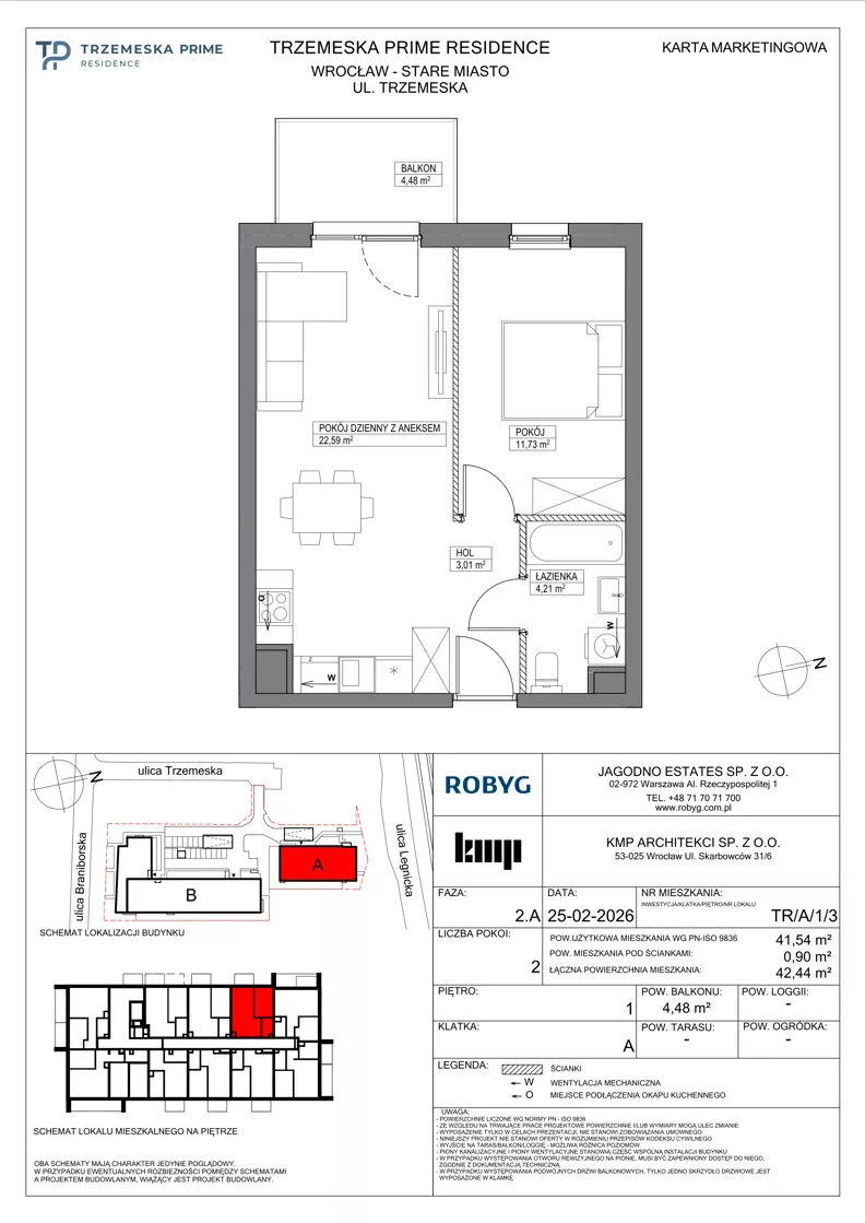 2 pokoje, mieszkanie 41,54 m², piętro 1, oferta nr TR/A/1/3, Trzemeska Prime Residence, Wrocław, Stare Miasto, ul. Trzemeska