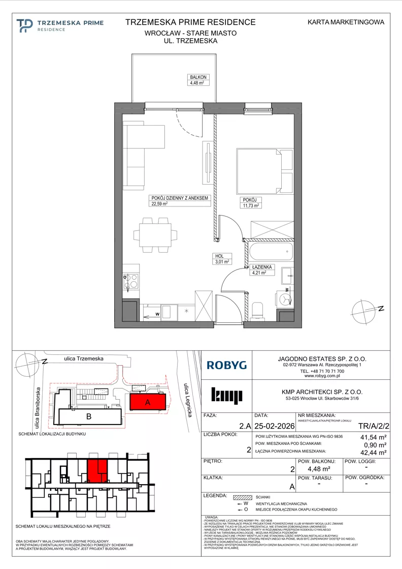 2 pokoje, mieszkanie 41,54 m², piętro 2, oferta nr TR/A/2/2, Trzemeska Prime Residence, Wrocław, Stare Miasto, ul. Trzemeska