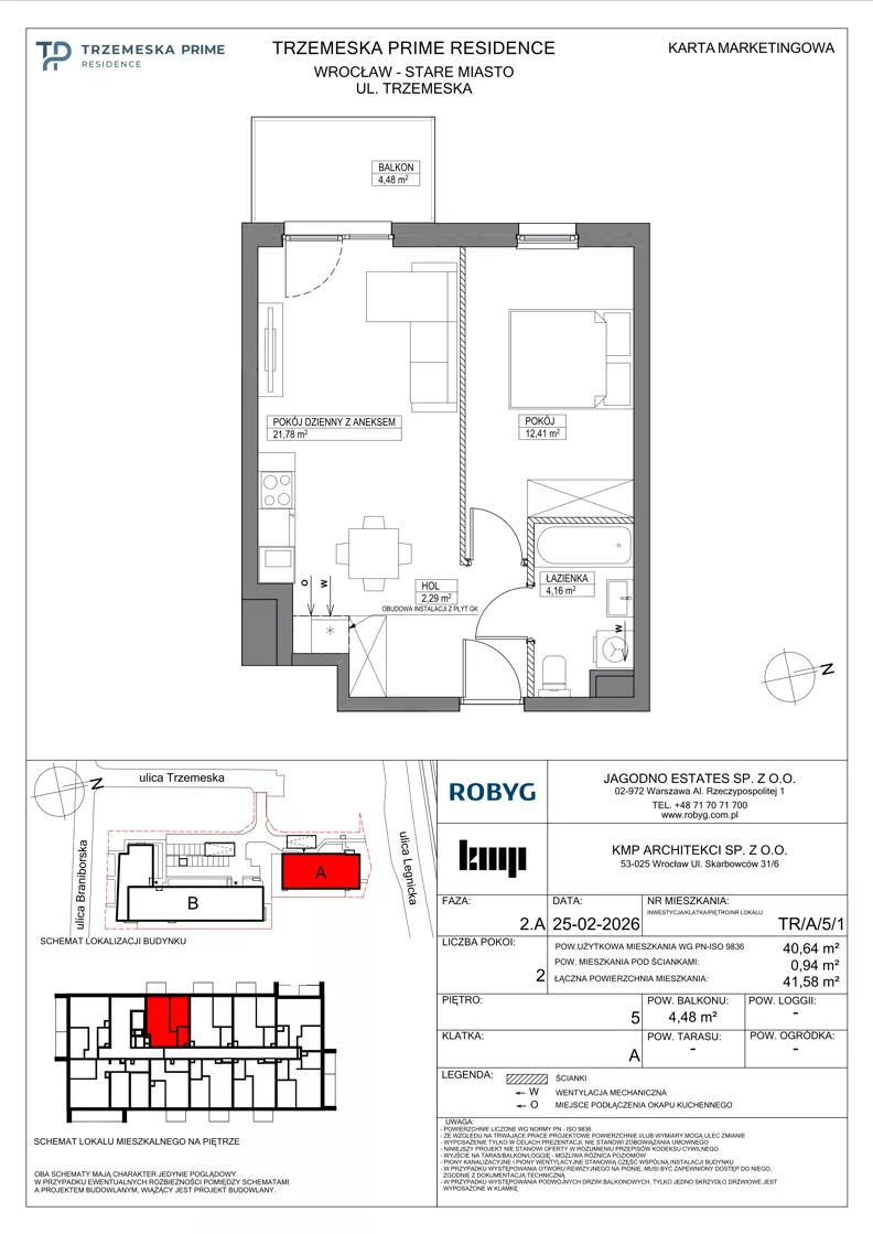 2 pokoje, mieszkanie 40,64 m², piętro 5, oferta nr TR/A/5/1, Trzemeska Prime Residence, Wrocław, Stare Miasto, ul. Trzemeska