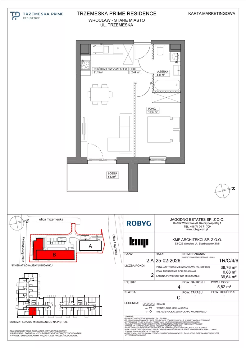 2 pokoje, mieszkanie 38,76 m², piętro 4, oferta nr TR/C/4/6, Trzemeska Prime Residence, Wrocław, Stare Miasto, ul. Trzemeska