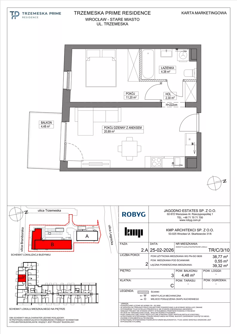 2 pokoje, mieszkanie 38,77 m², piętro 3, oferta nr TR/C/3/10, Trzemeska Prime Residence, Wrocław, Stare Miasto, ul. Trzemeska