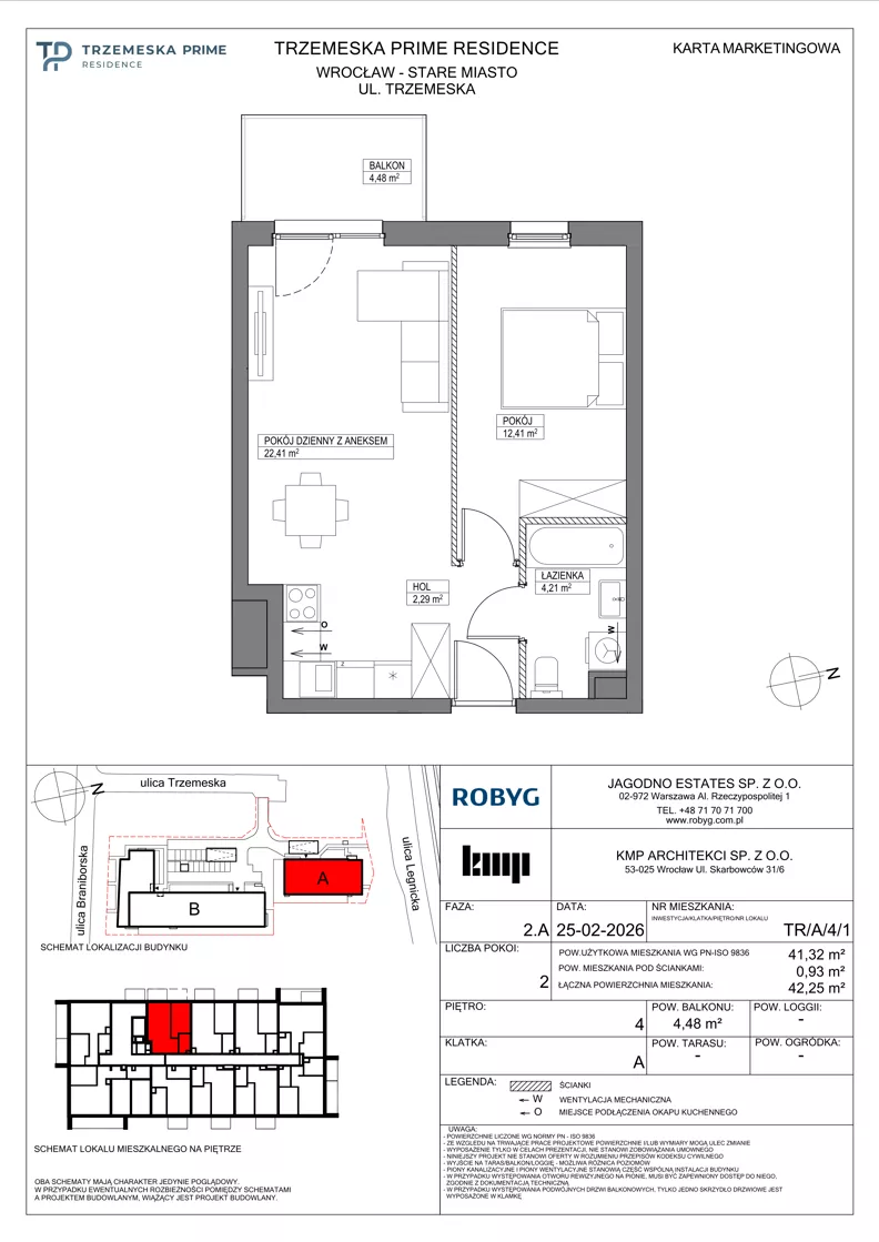 2 pokoje, mieszkanie 41,32 m², piętro 4, oferta nr TR/A/4/1, Trzemeska Prime Residence, Wrocław, Stare Miasto, ul. Trzemeska
