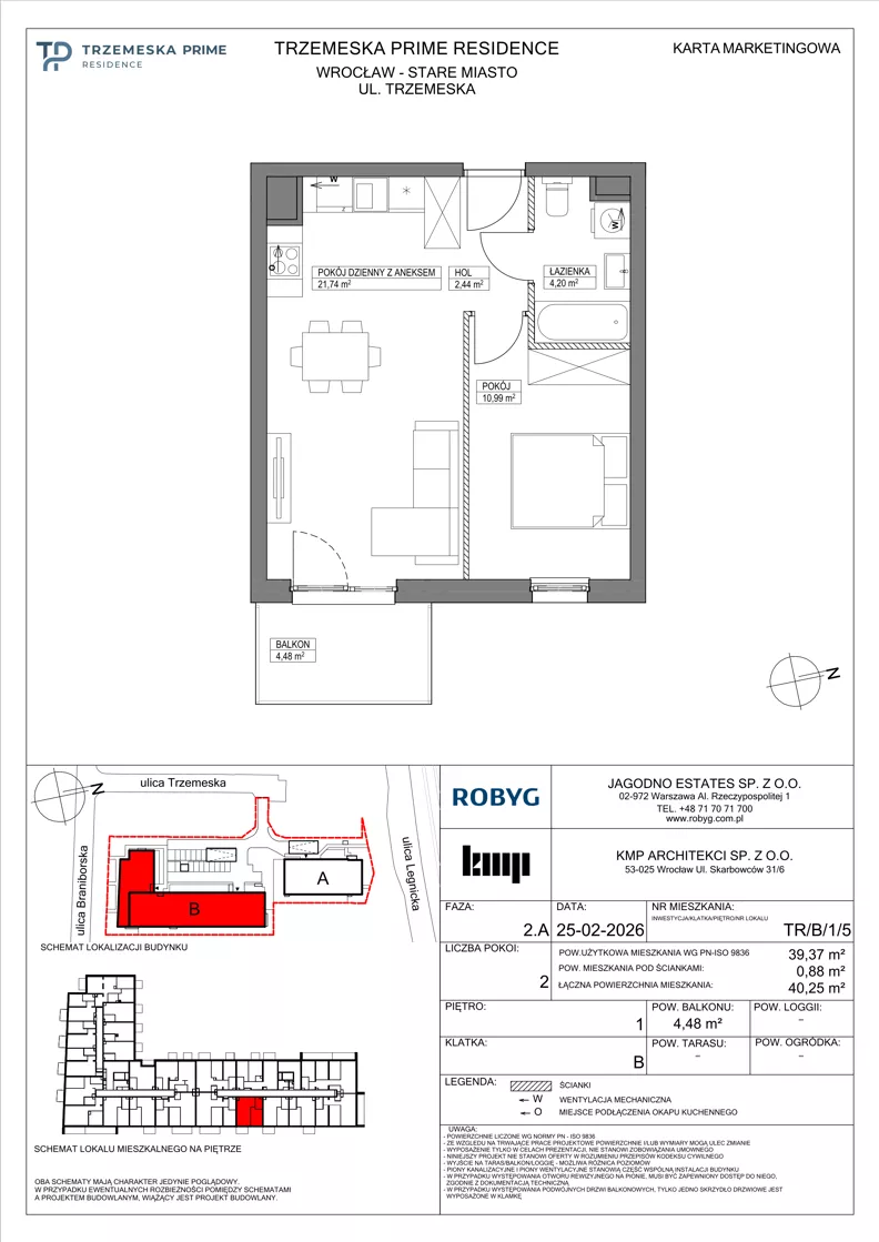 2 pokoje, mieszkanie 39,37 m², piętro 1, oferta nr TR/B/1/5, Trzemeska Prime Residence, Wrocław, Stare Miasto, ul. Trzemeska