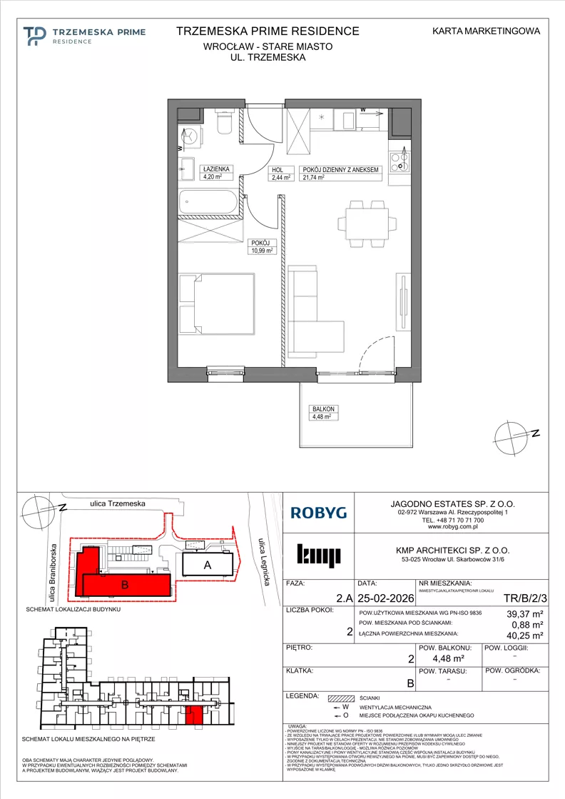 2 pokoje, mieszkanie 39,37 m², piętro 2, oferta nr TR/B/2/3, Trzemeska Prime Residence, Wrocław, Stare Miasto, ul. Trzemeska