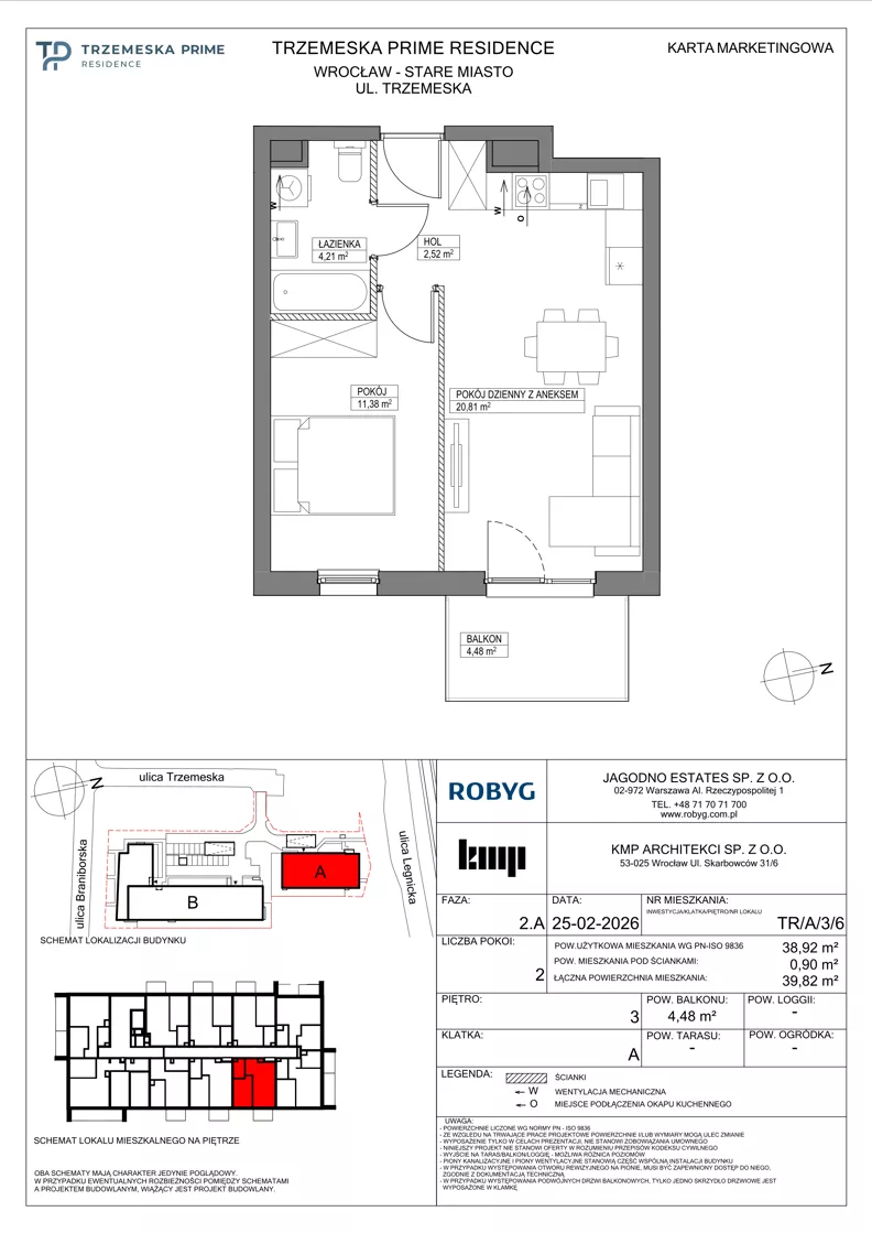 2 pokoje, mieszkanie 38,92 m², piętro 3, oferta nr TR/A/3/6, Trzemeska Prime Residence, Wrocław, Stare Miasto, ul. Trzemeska