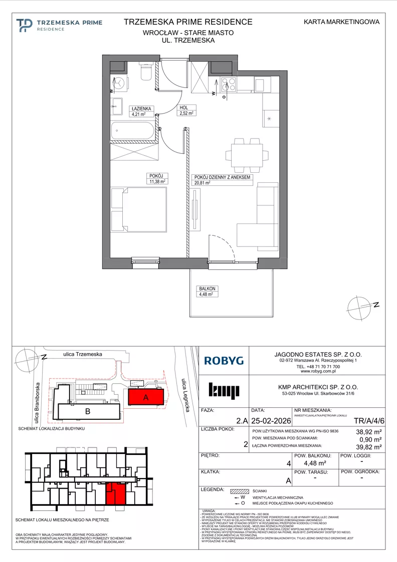 2 pokoje, mieszkanie 38,92 m², piętro 4, oferta nr TR/A/4/6, Trzemeska Prime Residence, Wrocław, Stare Miasto, ul. Trzemeska