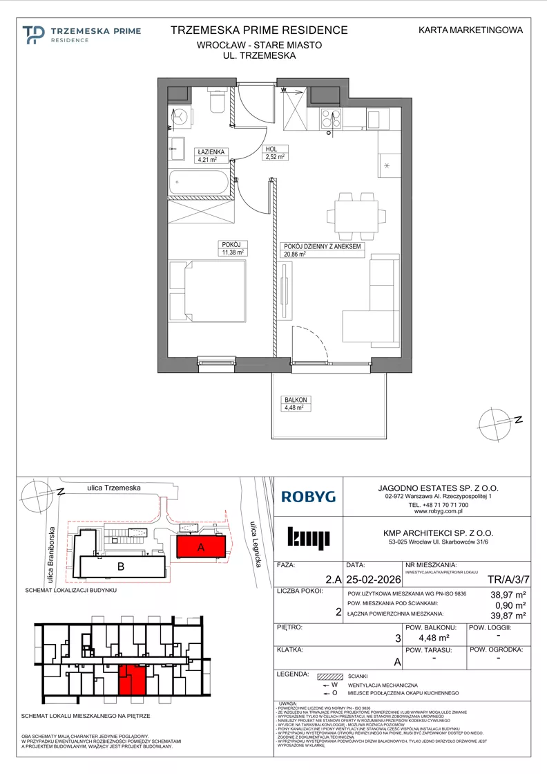 2 pokoje, mieszkanie 38,97 m², piętro 3, oferta nr TR/A/3/7, Trzemeska Prime Residence, Wrocław, Stare Miasto, ul. Trzemeska