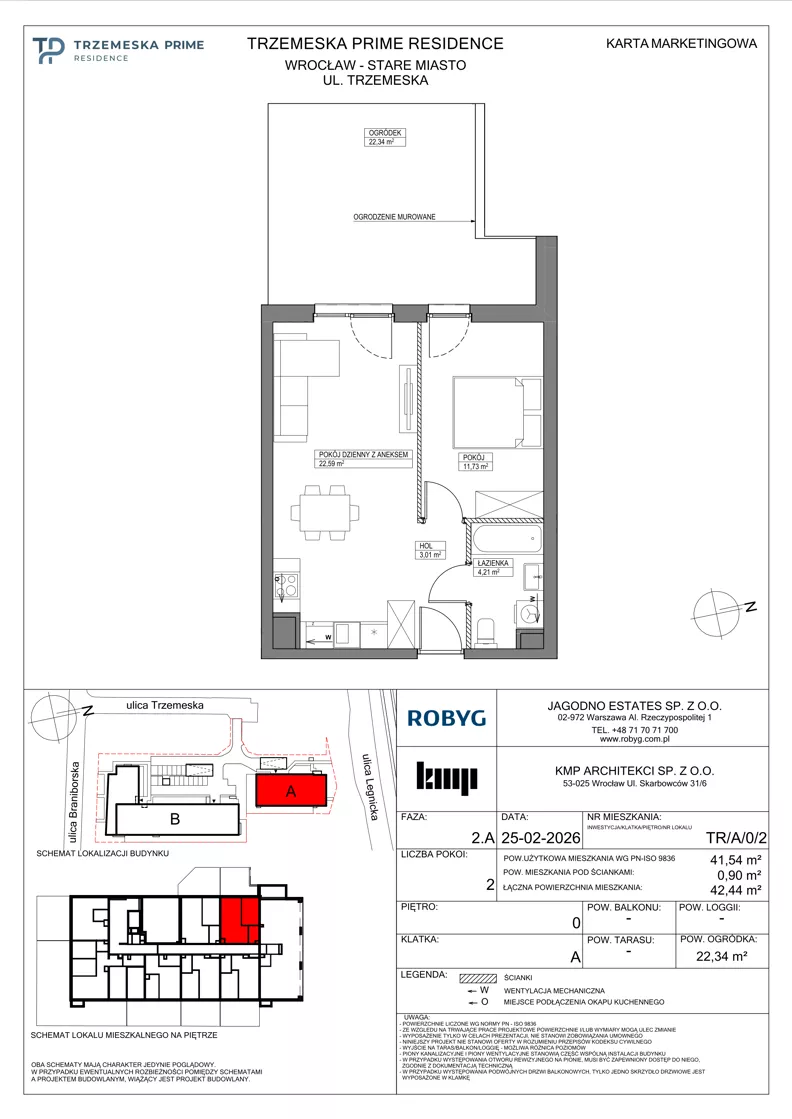 2 pokoje, mieszkanie 41,54 m², parter, oferta nr TR/A/0/2, Trzemeska Prime Residence, Wrocław, Stare Miasto, ul. Trzemeska