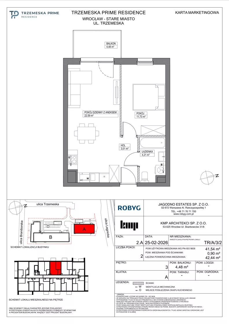 2 pokoje, mieszkanie 41,54 m², piętro 3, oferta nr TR/A/3/2, Trzemeska Prime Residence, Wrocław, Stare Miasto, ul. Trzemeska