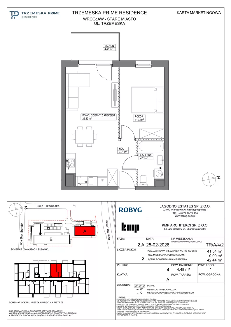 2 pokoje, mieszkanie 41,54 m², piętro 4, oferta nr TR/A/4/2, Trzemeska Prime Residence, Wrocław, Stare Miasto, ul. Trzemeska