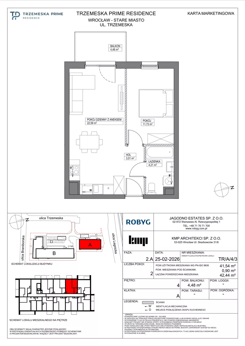 2 pokoje, mieszkanie 41,54 m², piętro 4, oferta nr TR/A/4/3, Trzemeska Prime Residence, Wrocław, Stare Miasto, ul. Trzemeska