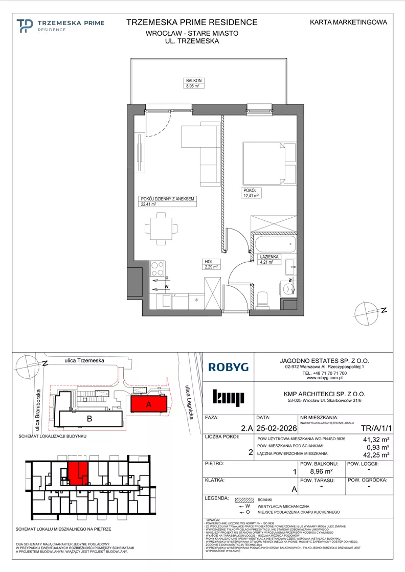 2 pokoje, mieszkanie 41,32 m², piętro 1, oferta nr TR/A/1/1, Trzemeska Prime Residence, Wrocław, Stare Miasto, ul. Trzemeska