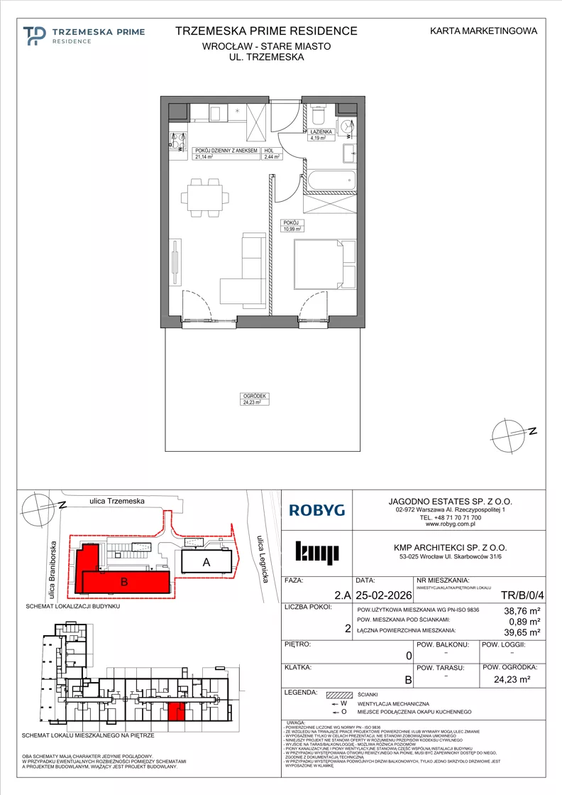 2 pokoje, mieszkanie 38,76 m², parter, oferta nr TR/B/0/4, Trzemeska Prime Residence, Wrocław, Stare Miasto, ul. Trzemeska
