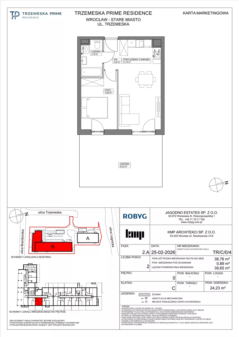 2 pokoje, mieszkanie 38,76 m², parter, oferta nr TR/C/0/4, Trzemeska Prime Residence, Wrocław, Stare Miasto, ul. Trzemeska