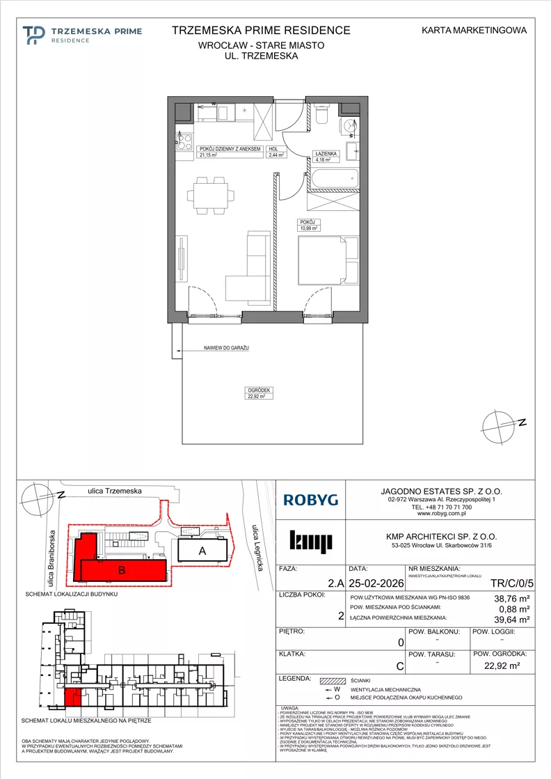 2 pokoje, mieszkanie 38,76 m², parter, oferta nr TR/C/0/5, Trzemeska Prime Residence, Wrocław, Stare Miasto, ul. Trzemeska