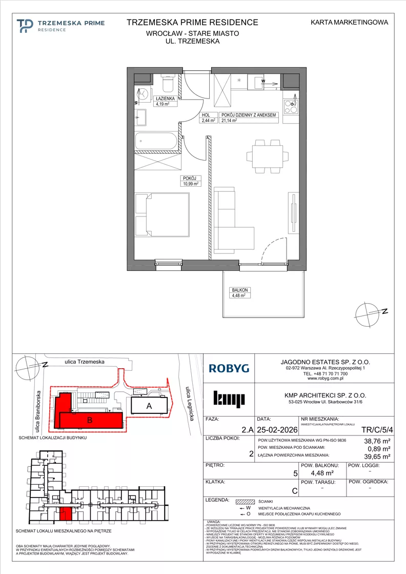 2 pokoje, mieszkanie 38,76 m², piętro 5, oferta nr TR/C/5/4, Trzemeska Prime Residence, Wrocław, Stare Miasto, ul. Trzemeska
