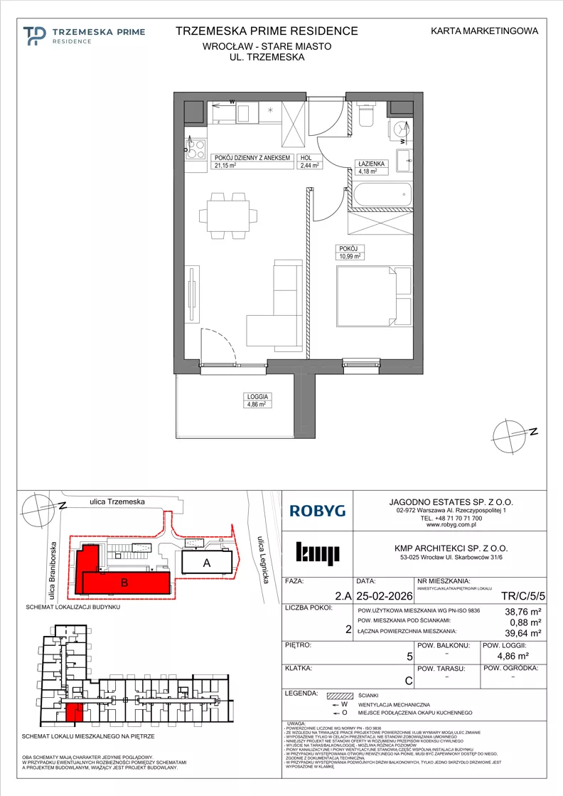 2 pokoje, mieszkanie 38,76 m², piętro 5, oferta nr TR/C/5/5, Trzemeska Prime Residence, Wrocław, Stare Miasto, ul. Trzemeska