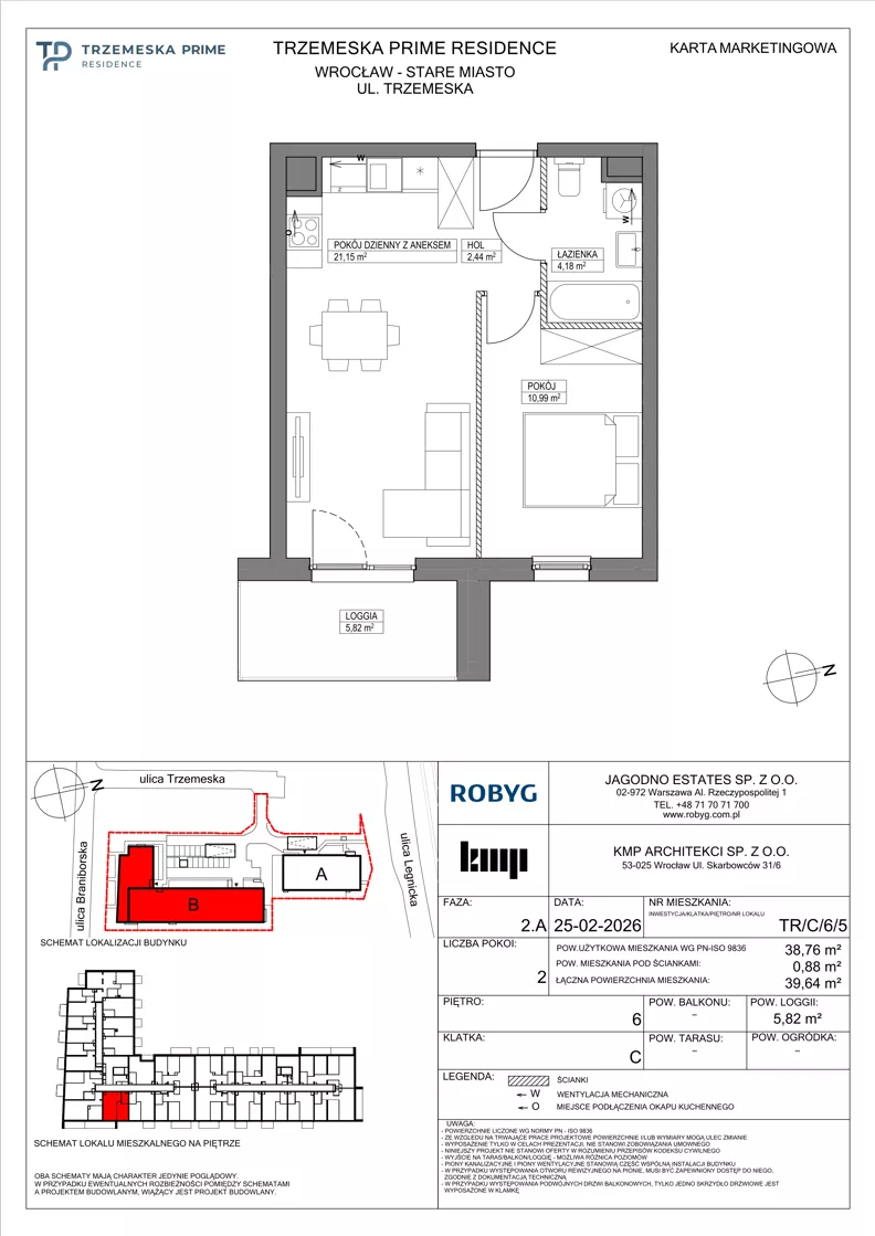 2 pokoje, mieszkanie 38,76 m², piętro 6, oferta nr TR/C/6/5, Trzemeska Prime Residence, Wrocław, Stare Miasto, ul. Trzemeska
